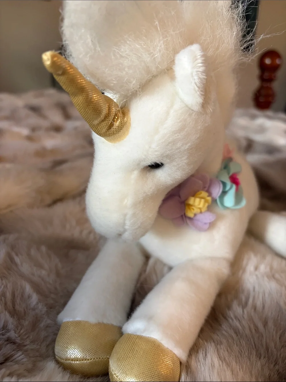 White Plush Unicorn with Flower Necklace with Gold Horn & Hooves